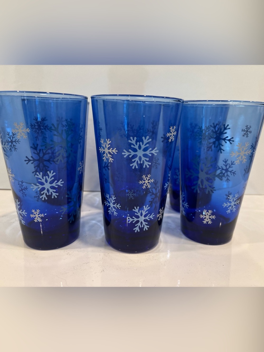 6 Vintage Anchor Hocking Cobalt Tumblers with Snowflakes